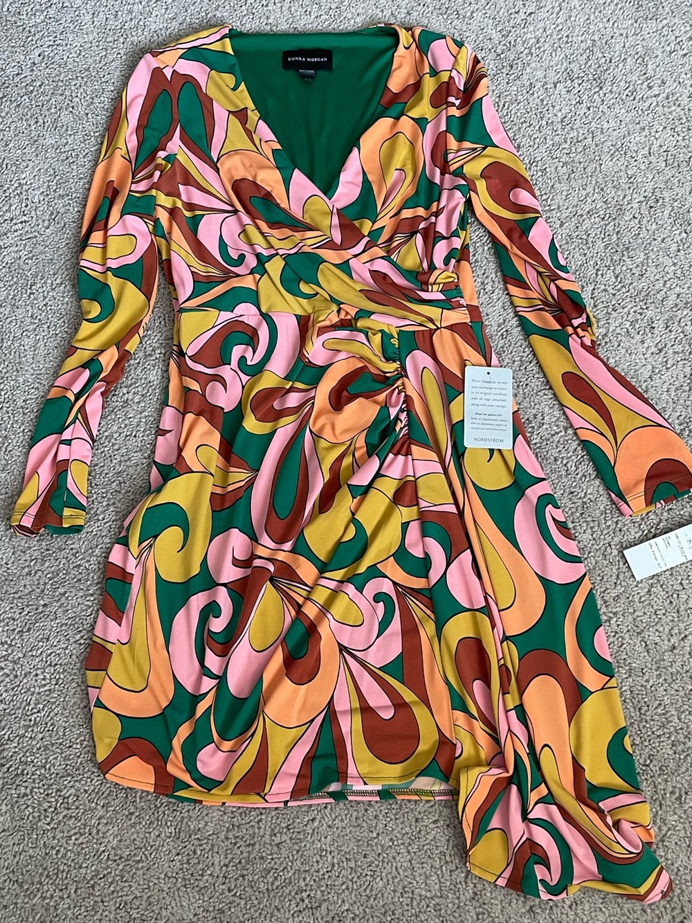 NWT Donna Morgan Retro Psychedelic Swirl Long Sleeve Side Drape Dress 8